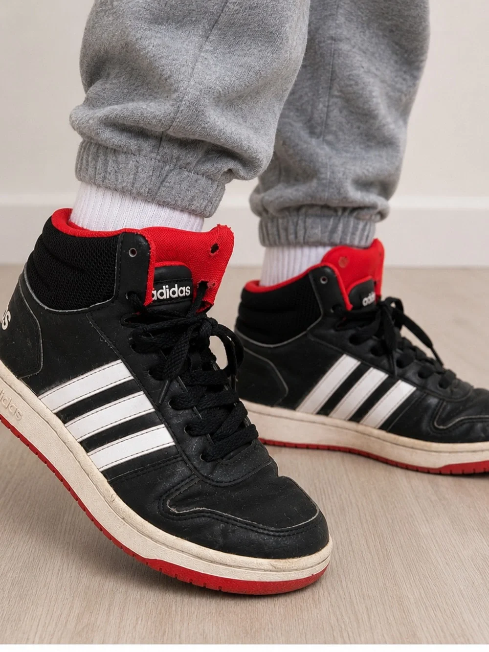 adidas Hoops 2.0 Mid Black White Red Kids Sneakers Size 3Y